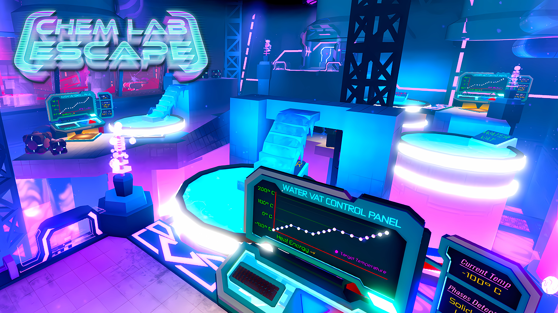 A colorful science lab with the logo Chem Lab Escape