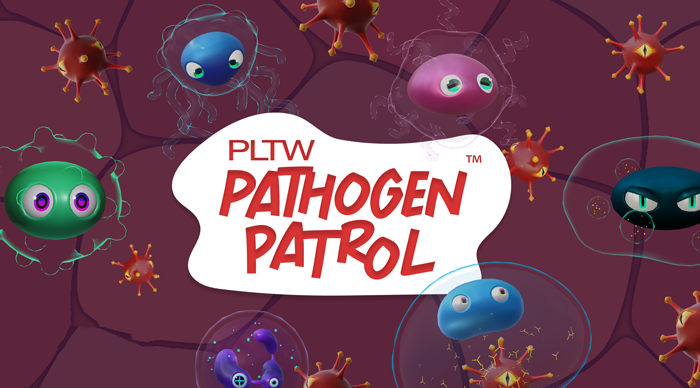 3D bacteria and human body cells, with a logo in front reading Pathogen Patrol