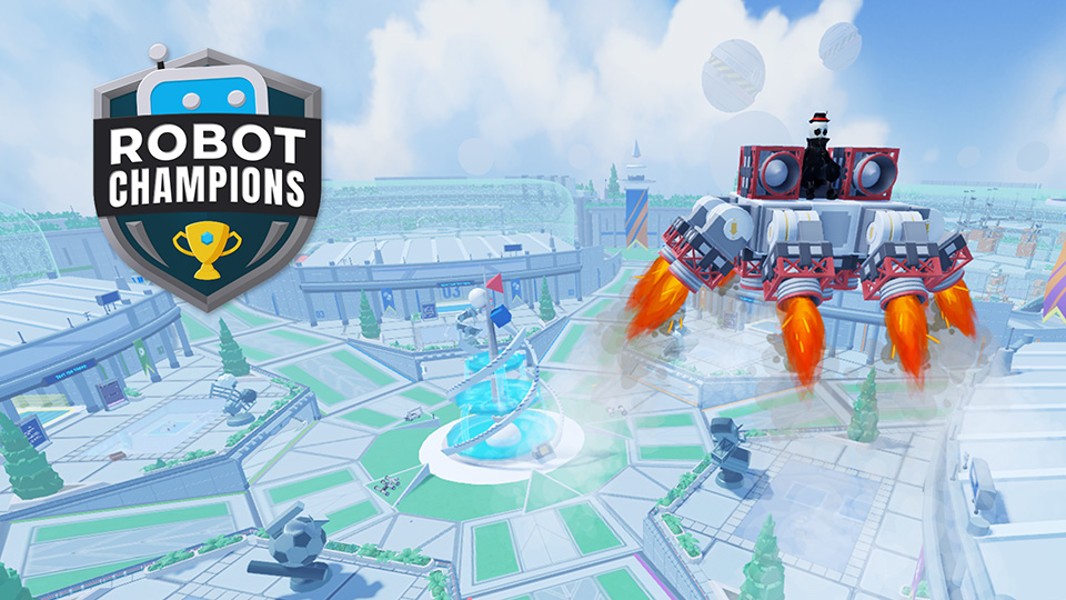 robot flying above futuristic city with logo on side reading Robot Champions