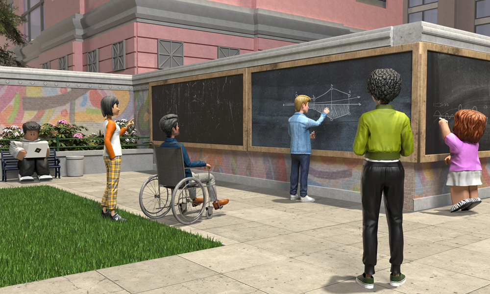 3D Avatars of students interacting in front of a black board