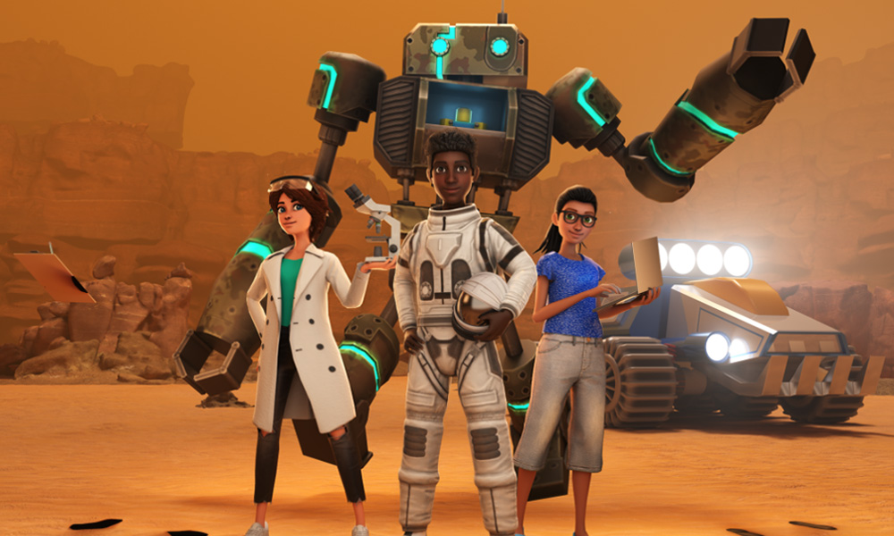 3D avatars of students on Mars with a robot in background